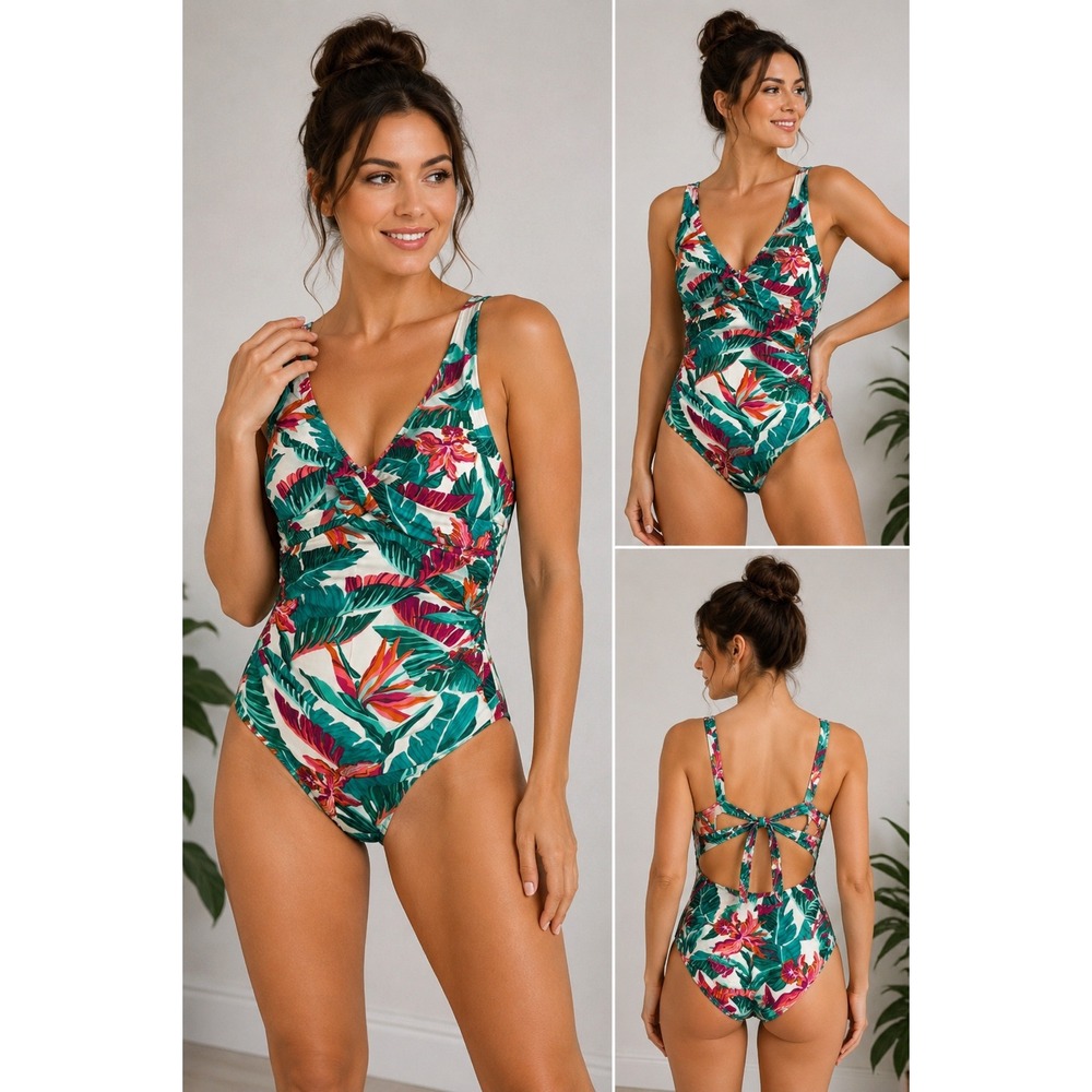 Kona Sol Tropical Floral Palm Print One Piece Swimsuit Green Pink Small 4-6